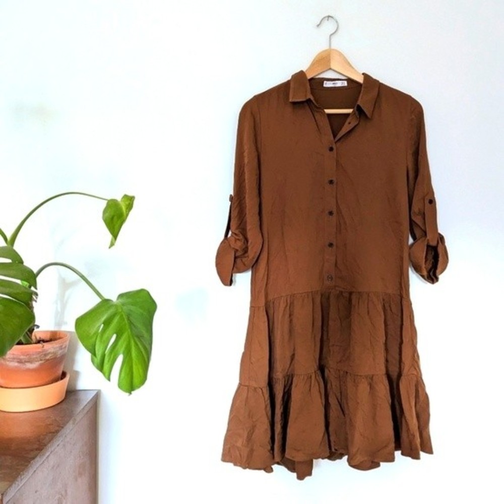 Mango Brown Tiered Button-Down Mini Dress